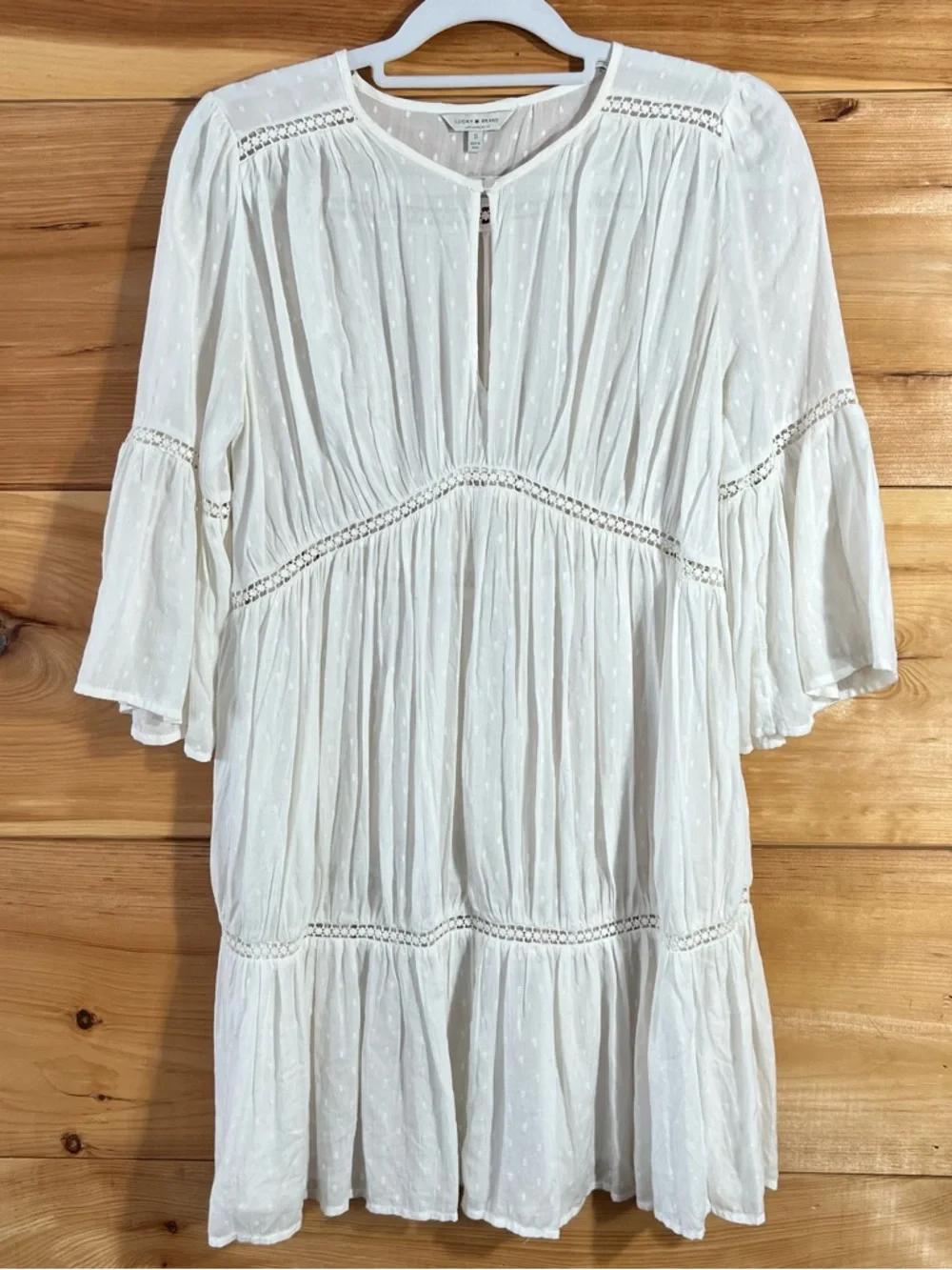 Lucky Brand White Swiss Dot Mini Dress Peasant Boho Gathered Gauzy Flowy Coastal - Picture 3 of 7